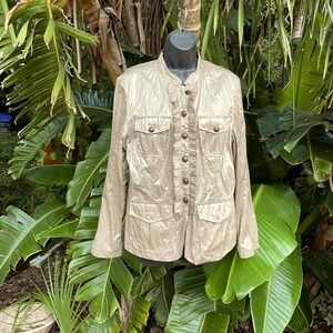 Chicos champagne, metallic cargo jacket with pleated ruffle